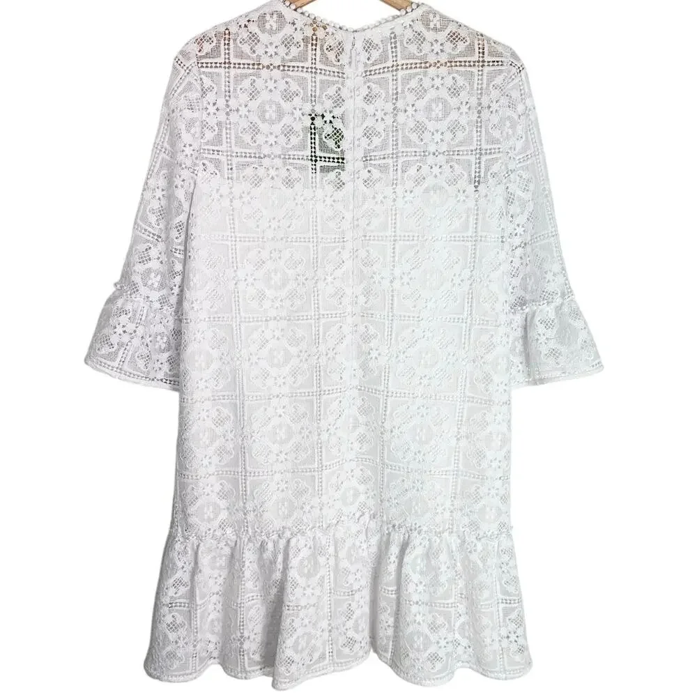 NWT Kate Spade Lace Flounce Shift Dress Crochet | Fresh White | SZ‎ 6